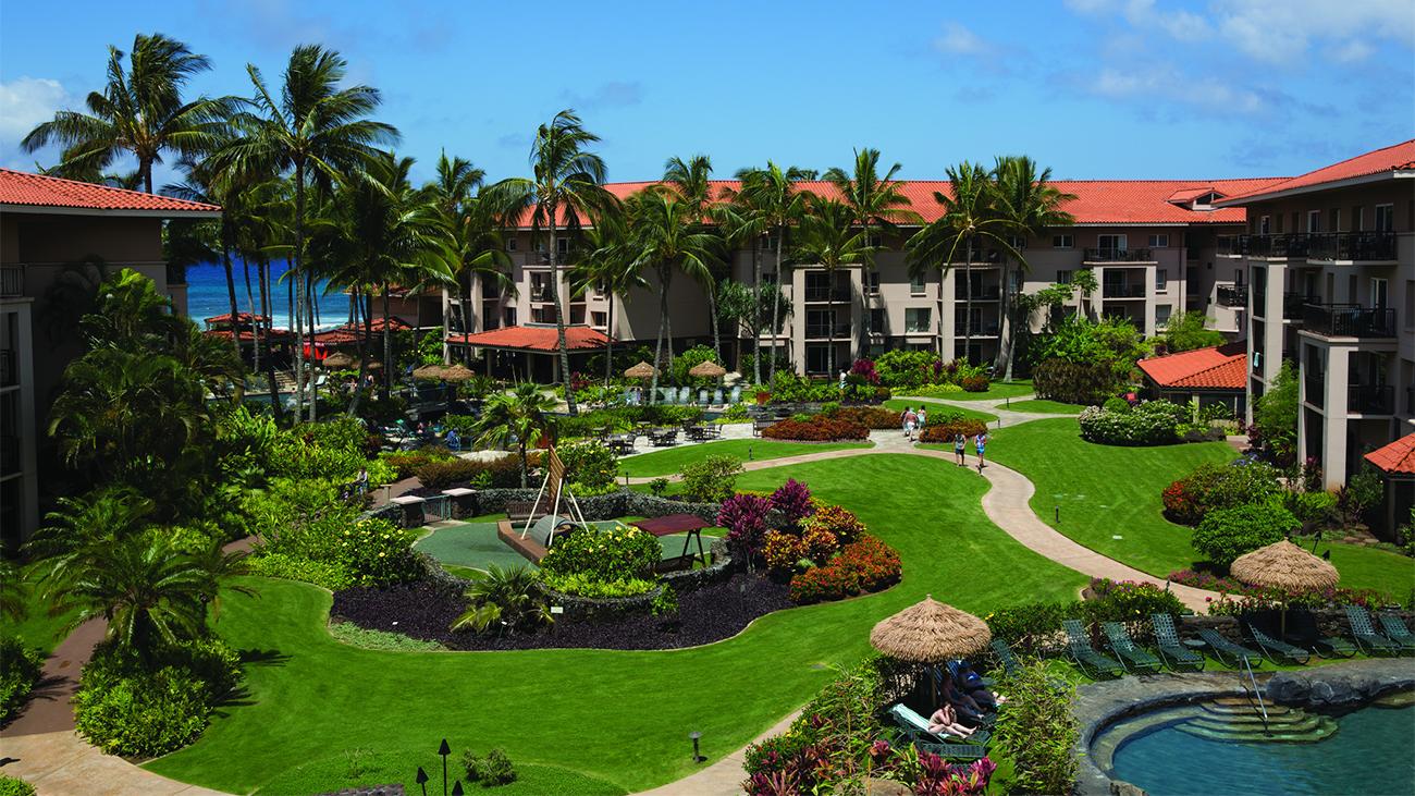 Aerial of exterior and gardens of Marriott's Waiohai Beach Club timeshare resort